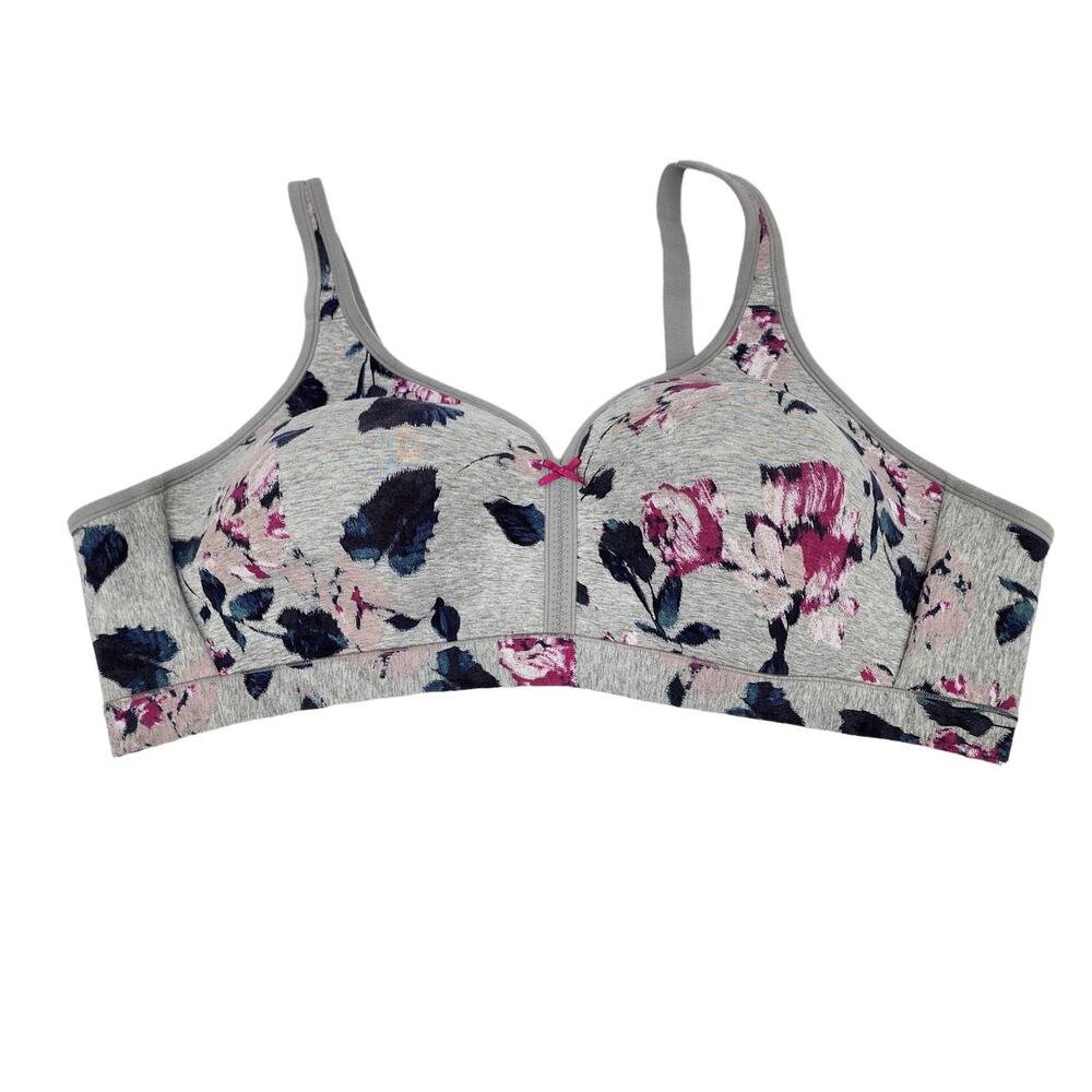 Cacique Gray Floral Lightly Lined Full Coverage Back Close No Wire Bra Size 52B